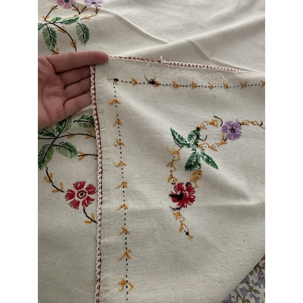 Vintage Hand Embroidery Cotton Table Cloth Floral 37x34” Square Ivory